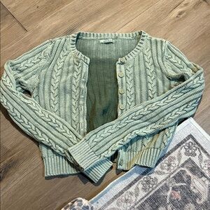 American Eagle Cropped Green Cable Knit Cardigan